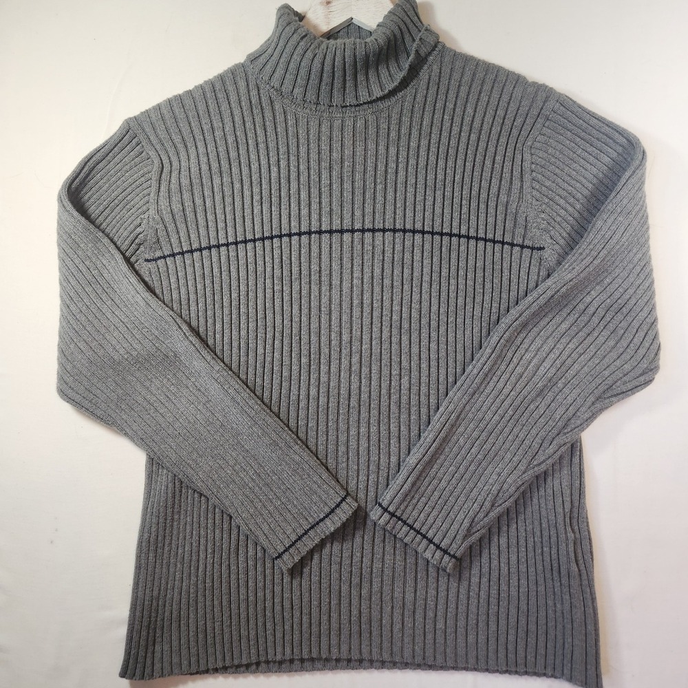 Tommy Hilfiger Mens XL Gray Ribbed Knit Turtleneck Sweater Navy Stripe Cotton
